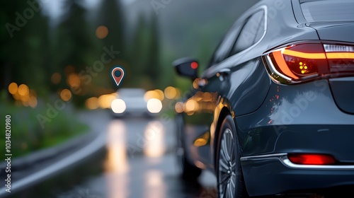 A modern digital 3D car rendering with floating GPS coordinates hovering above it set against a vibrant detailed cityscape background featuring tall buildings reflections