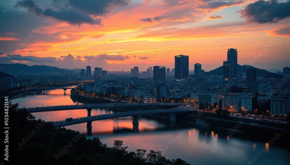 Cityscape with Bridge at Sunset . Cityscape with Bridge at Sunset .
