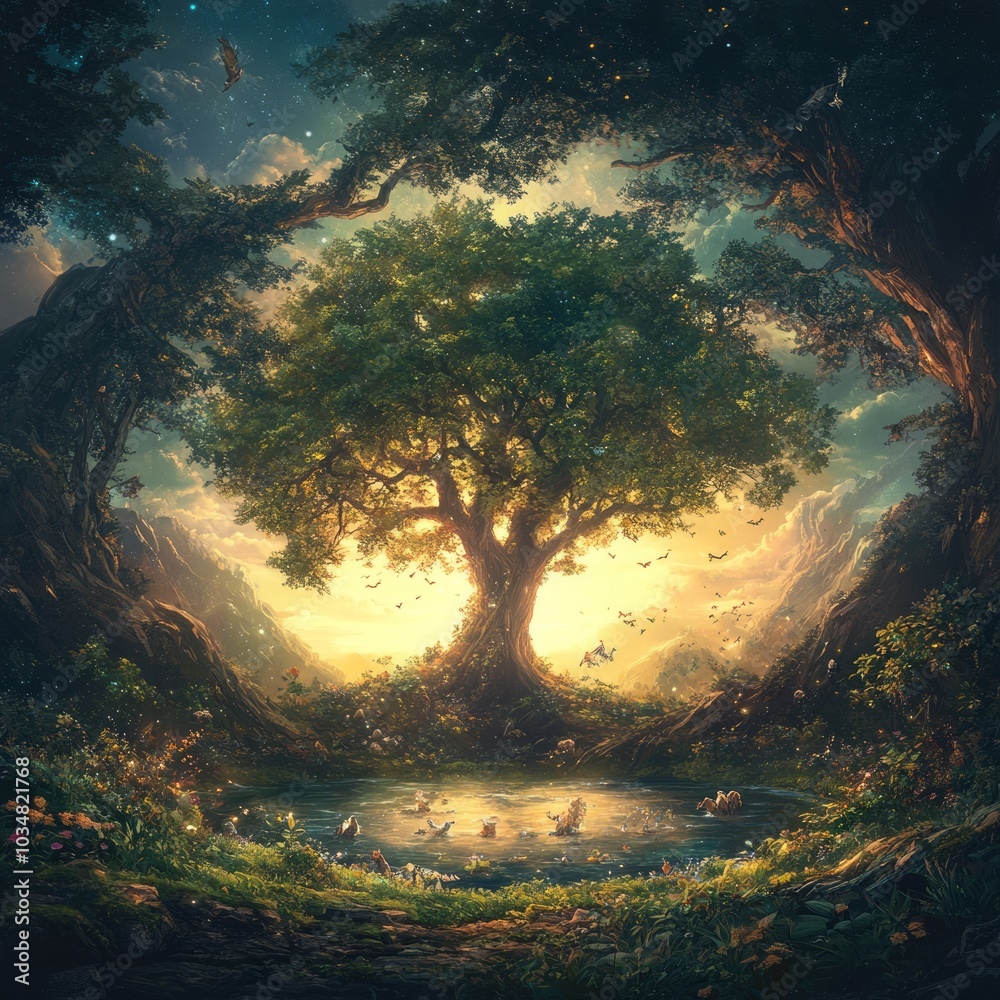 A serene landscape featuring a large tree by a glowing pond at sunset. A serene landscape featuring a large tree by a glowing pond at sunset.