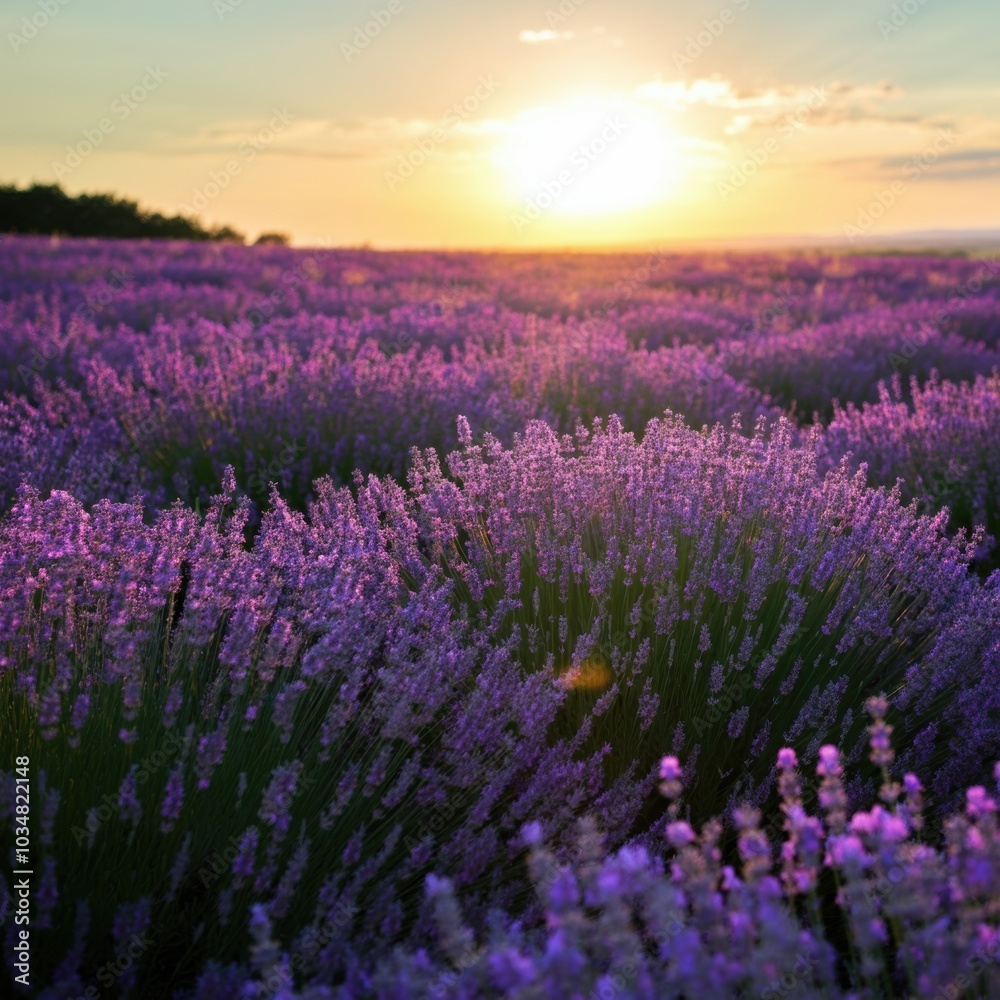 Purple Lavender Field Sunset Golden Hour Nature Purple Lavender Field Sunset Golden Hour Nature