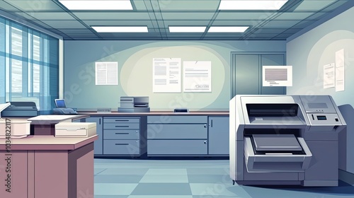 Office Interior with Large Photocopier and Desk