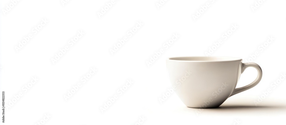 A white ceramic teacup or coffee cup with a rounded shape and a curved handle. The cup is empty and isolated on a white background. A white ceramic teacup or coffee cup with a rounded shape and a curved handle. The cup is empty and isolated on a white background.