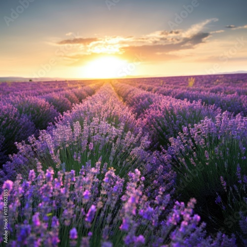 Sunset Over Lavender Field Blooming Purple Flowers