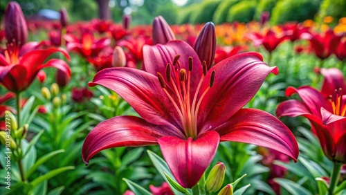 Full blooming deep red asiatic lily in a flower garden