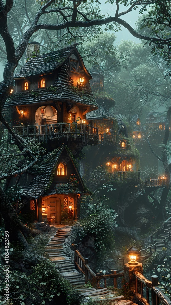 Enchanted Treehouse Village in a Misty Forest Enchanted Treehouse Village in a Misty Forest