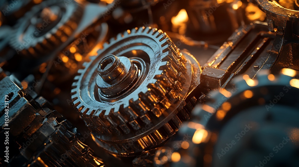 Close-Up of Metallic Gears in a Machine Close-Up of Metallic Gears in a Machine