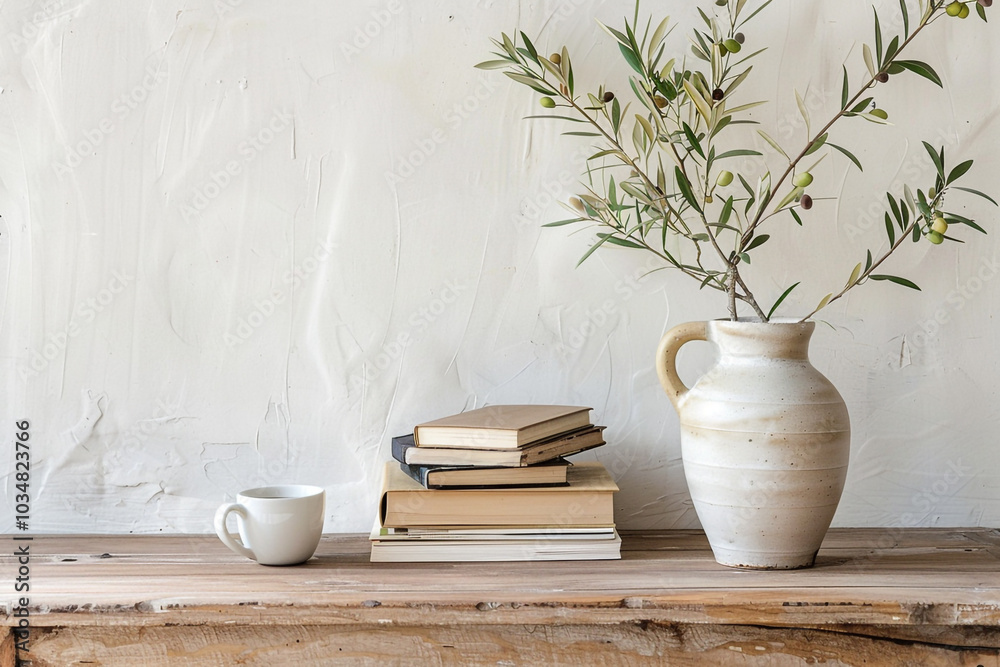 Rustic Still Life with Books, Olive Branch, and Cup Rustic Still Life with Books, Olive Branch, and Cup