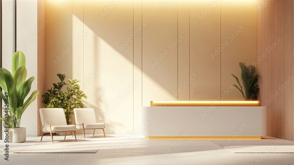 Modern Minimalist Reception Area with White Counter, Two Chairs, and Plants