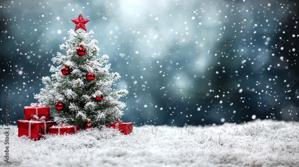 Snowy Christmas Tree with Gifts and Falling Snow Snowy Christmas Tree with Gifts and Falling Snow