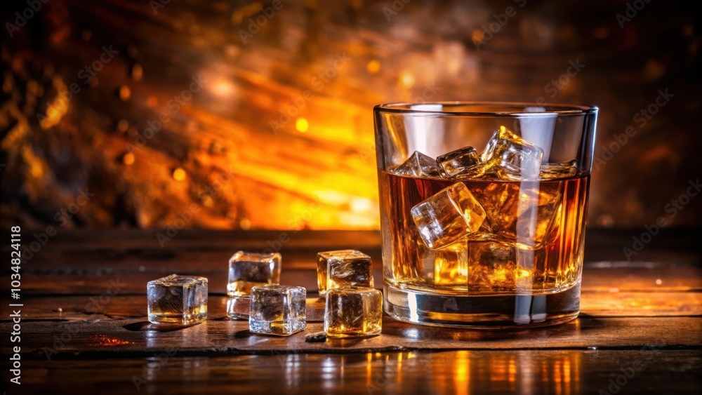 A glass of amber liquid with ice cubes on a wooden surface, illuminated by a warm, golden glow. A glass of amber liquid with ice cubes on a wooden surface, illuminated by a warm, golden glow.