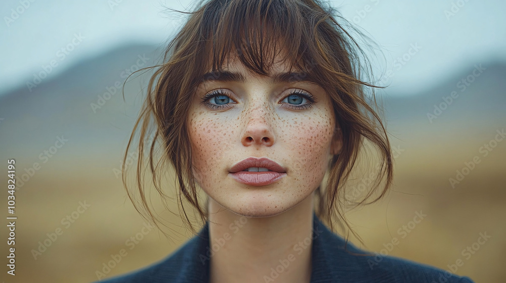 A close-up of a young woman with bright blue eyes, freckled skin, and brown hair in the wind, set against a soft blurred background A close-up of a young woman with bright blue eyes, freckled skin, and brown hair in the wind, set against a soft blurred background
