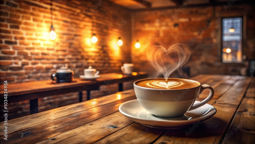 A steamy cup of coffee with heart-shaped latte art sits on a rustic wooden table in a cozy cafe, surrounded by warm light and a brick wall A steamy cup of coffee with heart-shaped latte art sits on a rustic wooden table in a cozy cafe, surrounded by warm light and a brick wall