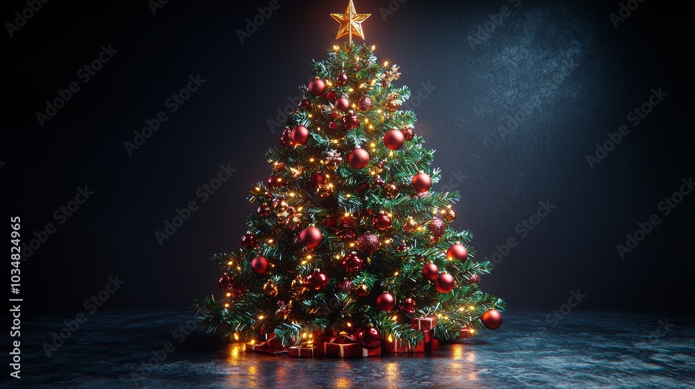 Christmas Tree Decorated with Red Ornaments and Lights on Dark Background