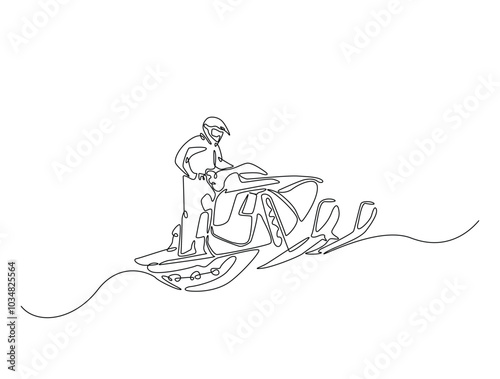 Continuous one line drawing of rider snowmobile extreme sport. Man riding snow scooter line art vector illustration. Editable vector.