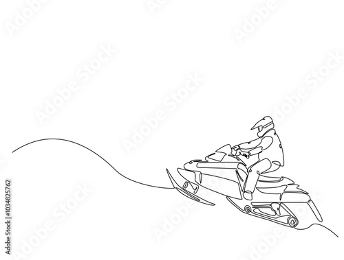 Continuous one line drawing of rider snowmobile extreme sport. Man riding snow scooter line art vector illustration. Editable vector.