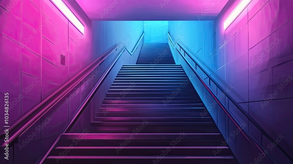 Neon-Lit Stairwell with Purple and Blue Walls Neon-Lit Stairwell with Purple and Blue Walls