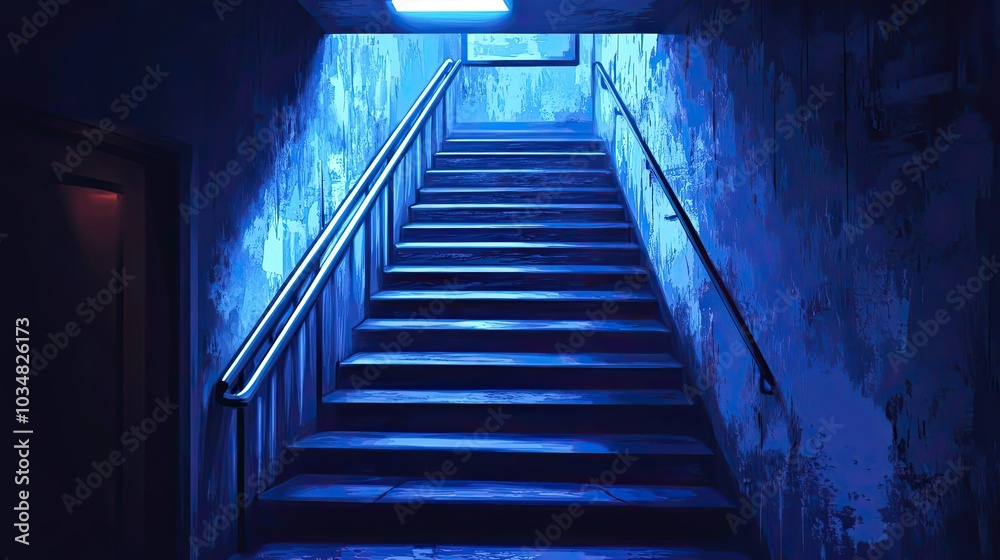 Blue-Lit Concrete Stairway with Handrail in a Dark Hallway Blue-Lit Concrete Stairway with Handrail in a Dark Hallway