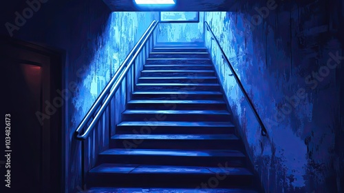 Blue-Lit Concrete Stairway with Handrail in a Dark Hallway