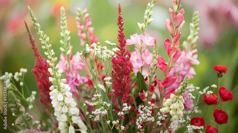 A bunch of wildflowers from the assortment featuring a backdrop of pink and red A bunch of wildflowers from the assortment featuring a backdrop of pink and red