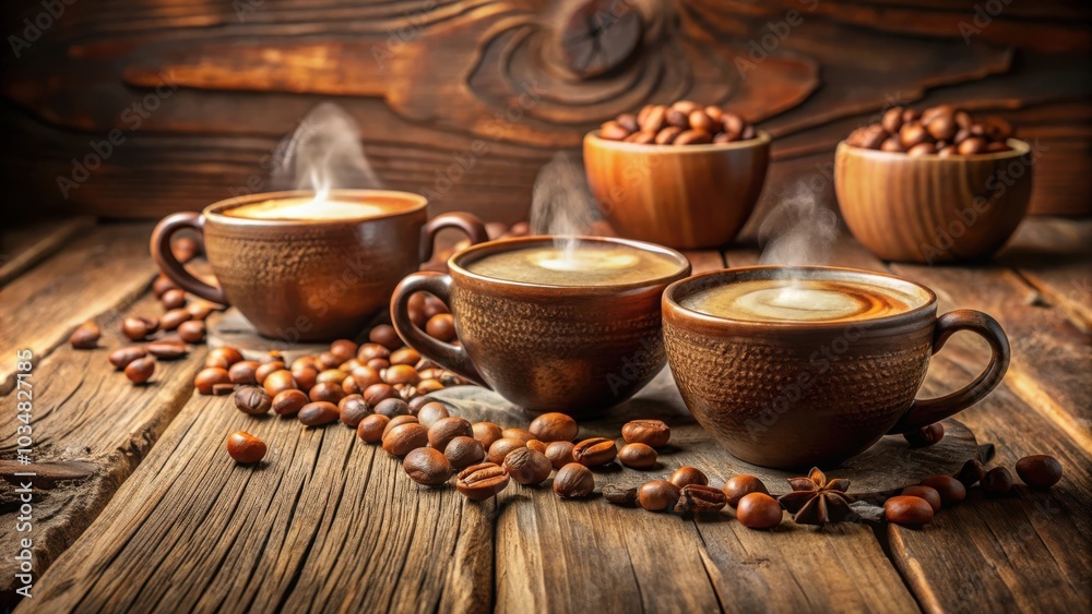 Three steaming cups of coffee on a rustic wooden table, surrounded by coffee beans, evoking a sense of warmth and comfort. Three steaming cups of coffee on a rustic wooden table, surrounded by coffee beans, evoking a sense of warmth and comfort.