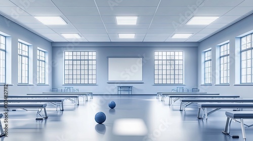 Empty Gym Room with Windows, Benches and Two Medicine Balls