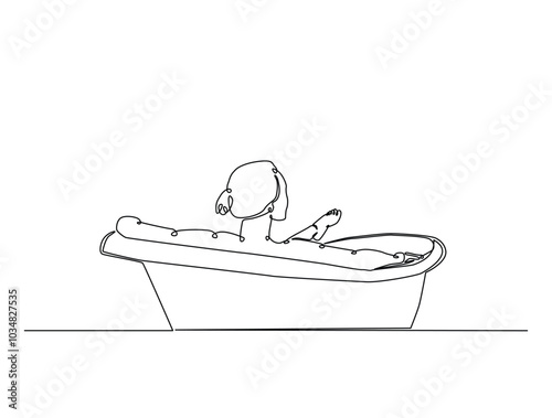 Continuous one line drawing of lady relaxing in the bath. Beautiful lady in the bathtub line art vector illustration. Editable vector.