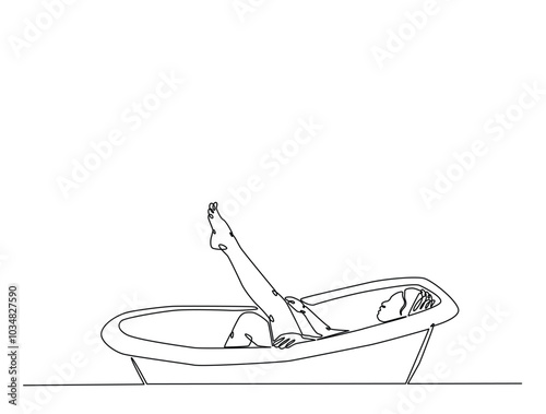 Continuous one line drawing of lady relaxing in the bath. Beautiful lady in the bathtub line art vector illustration. Editable vector.