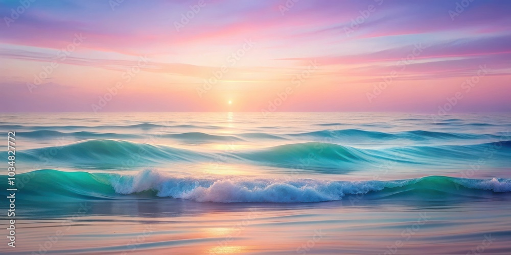 Obraz premium A serene seascape with gentle waves crashing on the shore as the sun sets, casting a vibrant and colorful glow across the sky and water.