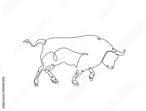 Continuous one line drawing of bull with white background. Buffalo single line art vector illustration. Editable vector.