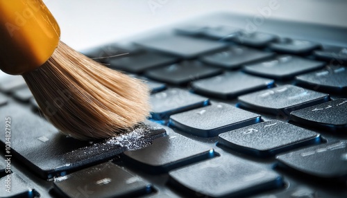 Cleaning dust from a keyboard with a brush on a blurred background. photo