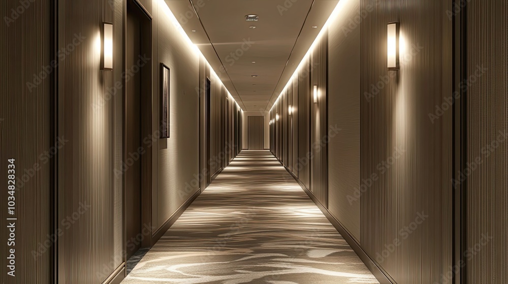 A Long, Empty Hallway With Doors and Recessed Lighting A Long, Empty Hallway With Doors and Recessed Lighting