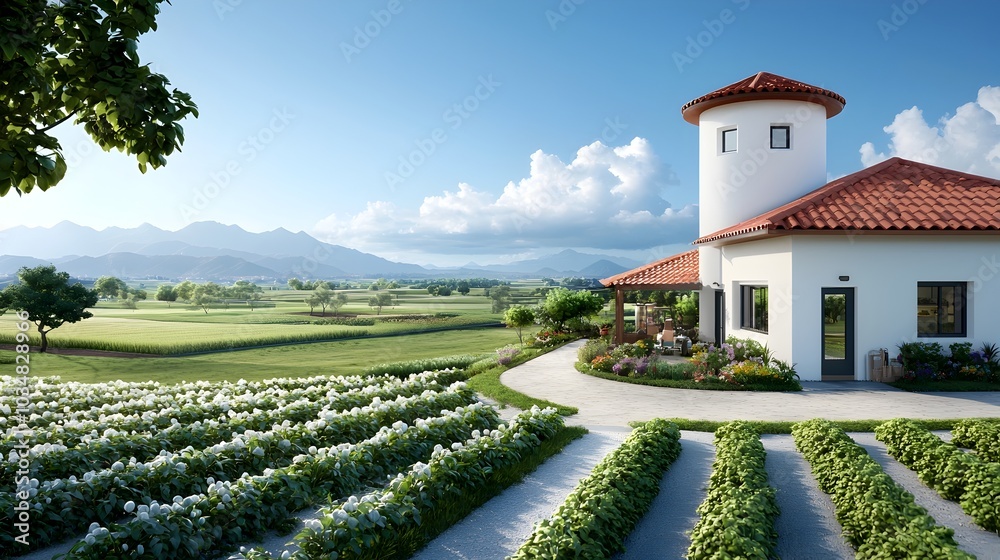 Harmonious Blend of Rural Farm and Untamed Nature A 3D rendering showcasing the balance between the chaotic beauty of nature and the modern farming techniques that coexist in a picturesque rural Harmonious Blend of Rural Farm and Untamed Nature A 3D rendering showcasing the balance between the chaotic beauty of nature and the modern farming techniques that coexist in a picturesque rural