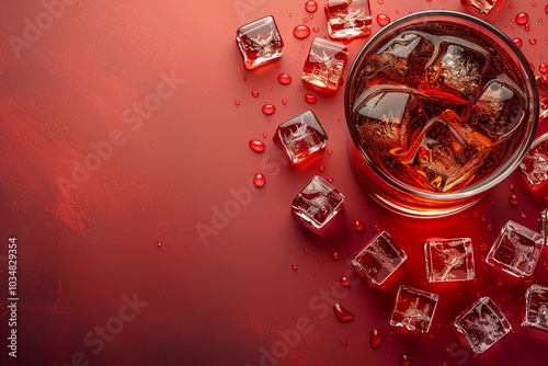 A glass of coke with ice cubes on a red background