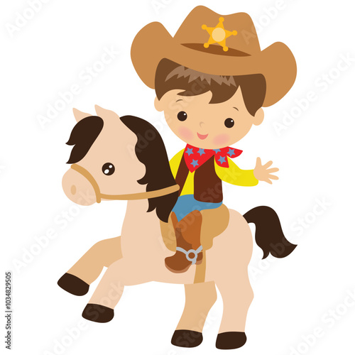 Cute little cowboy riding a horse vector cartoon illustration