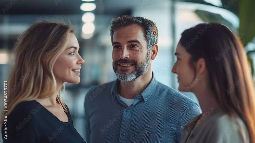 Fototapeta premium a collaborative moment in a modern office, focusing on the upper bodies of three professionals engaged in discussion
