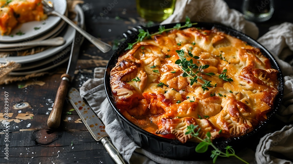 A carefully dressed freshly made smoky chicken cobbler A carefully dressed freshly made smoky chicken cobbler