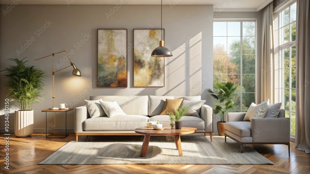 Fototapeta premium A Modern Living Room with Natural Light, Featuring a Plush Sofa, an Accent Chair, a Wooden Coffee Table, and Plants for a Touch of Greenery