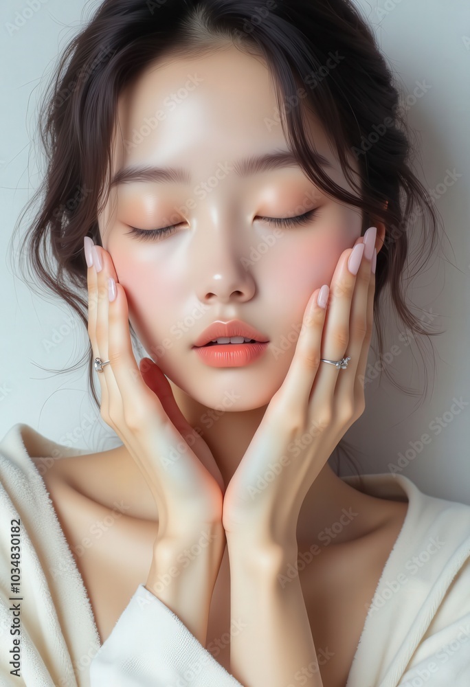 Portrait of Young Woman with Closed Eyes and Hands on Face . Portrait of Young Woman with Closed Eyes and Hands on Face .