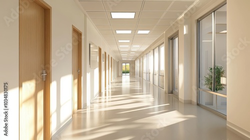 A Light-Filled Hallway with Wooden Doors and Large Windows