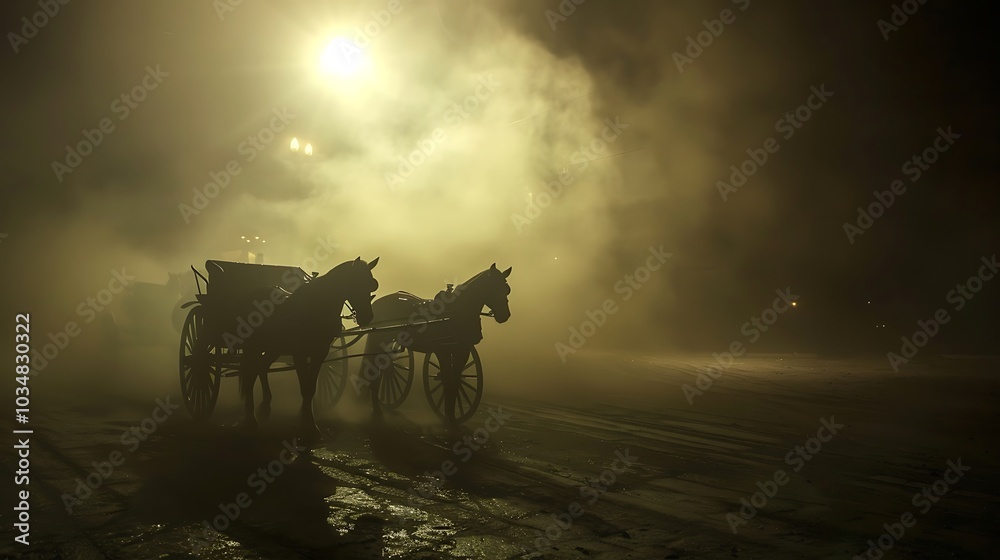 A carriage pulling horses in the thick fog at midnight a sedan A carriage pulling horses in the thick fog at midnight a sedan