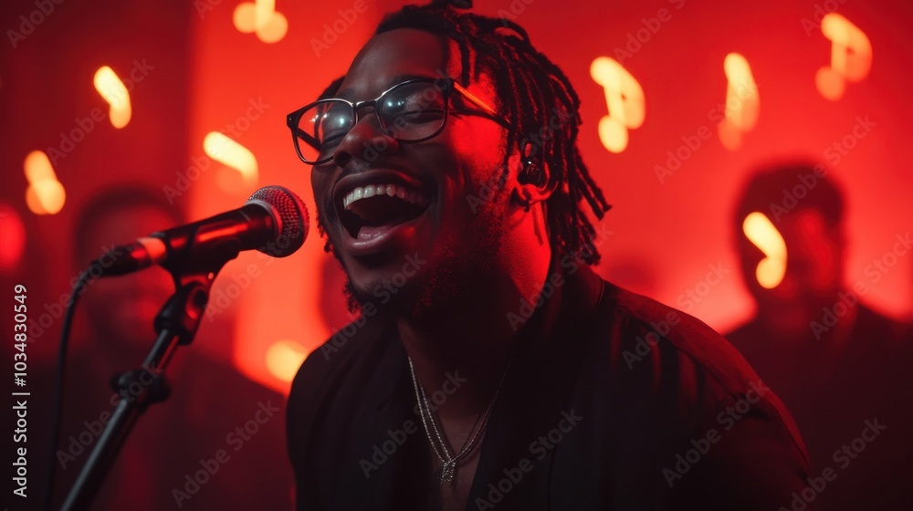 Soloist Singing into Microphone with Dramatic Lighting Soloist Singing into Microphone with Dramatic Lighting