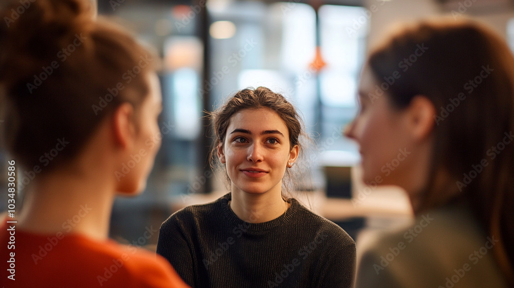 a collaborative moment in a modern office, focusing on the upper bodies of three professionals engaged in discussion a collaborative moment in a modern office, focusing on the upper bodies of three professionals engaged in discussion