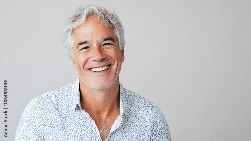 Portrait of a Smiling Man with White Hair and a Patterned Shirt Portrait of a Smiling Man with White Hair and a Patterned Shirt