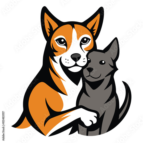 Cat hugs with dog show all leg realistic Adobe Illustrator Artwork