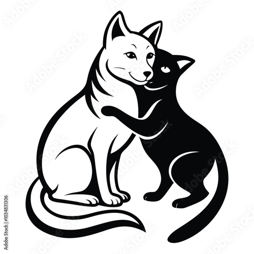 Cat hugs with dog show all leg realistic Adobe Illustrator Artwork