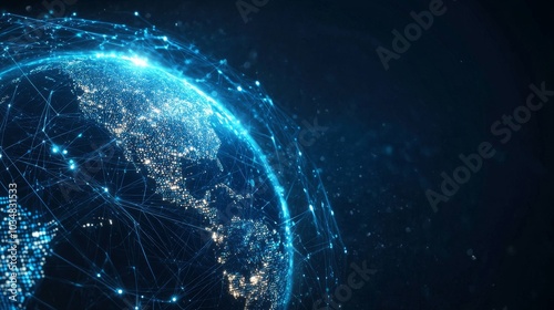 Global Business Connections in Cyberspace - Abstract Earth Network with Digital Particles in Blue Tones for Finance Concepts. Copy Space Available.