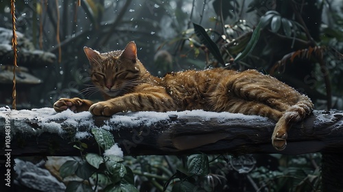 A cat lying on a snowy bench insdie a jungle photo