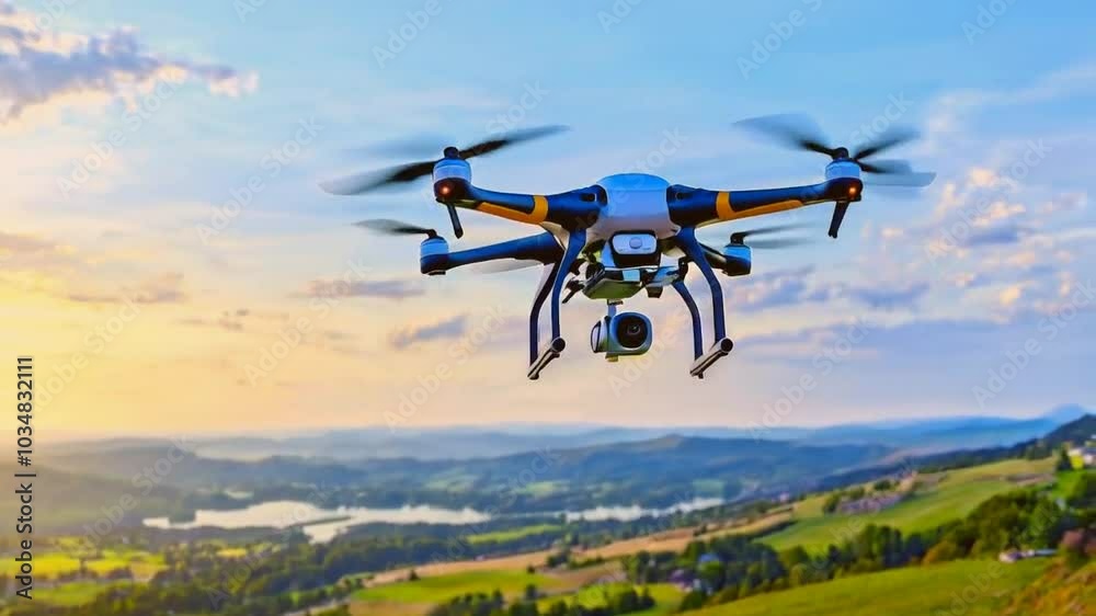 Drone flying in the sky above a landscape.