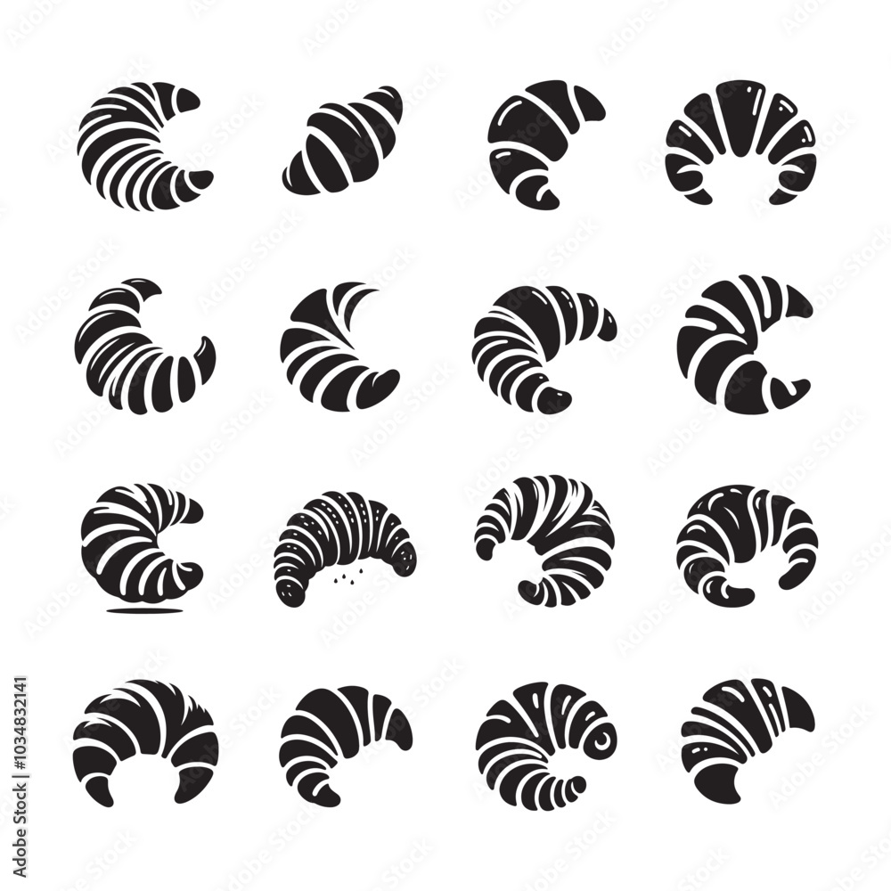 croissant vector icon set, pastry, crescent, gluten, brioche, and laminated dough croissant vector icon set, pastry, crescent, gluten, brioche, and laminated dough