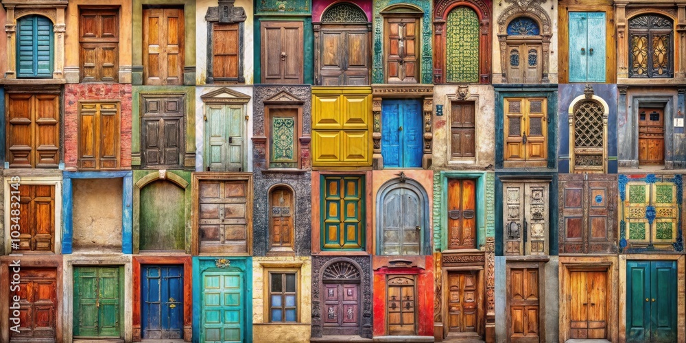 Fototapeta premium A kaleidoscope of vintage and modern doors, each telling a story of passage and entrance. They invite you to explore the unknown, offering a glimpse into different worlds and experiences.